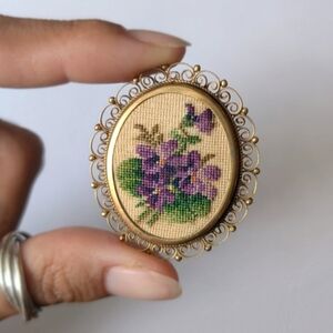 Vintage Victorian Style Petit Point Brooch Pin Stitch embroider violets Flowers